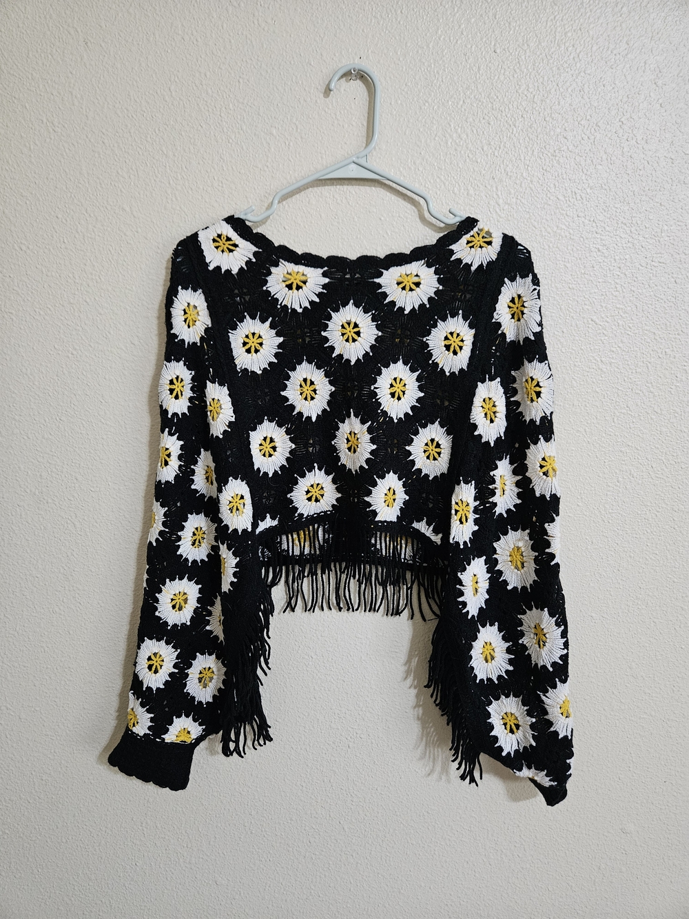 Haute Hippie Black Crochet Daisy Pullover with White & Yellow Accents